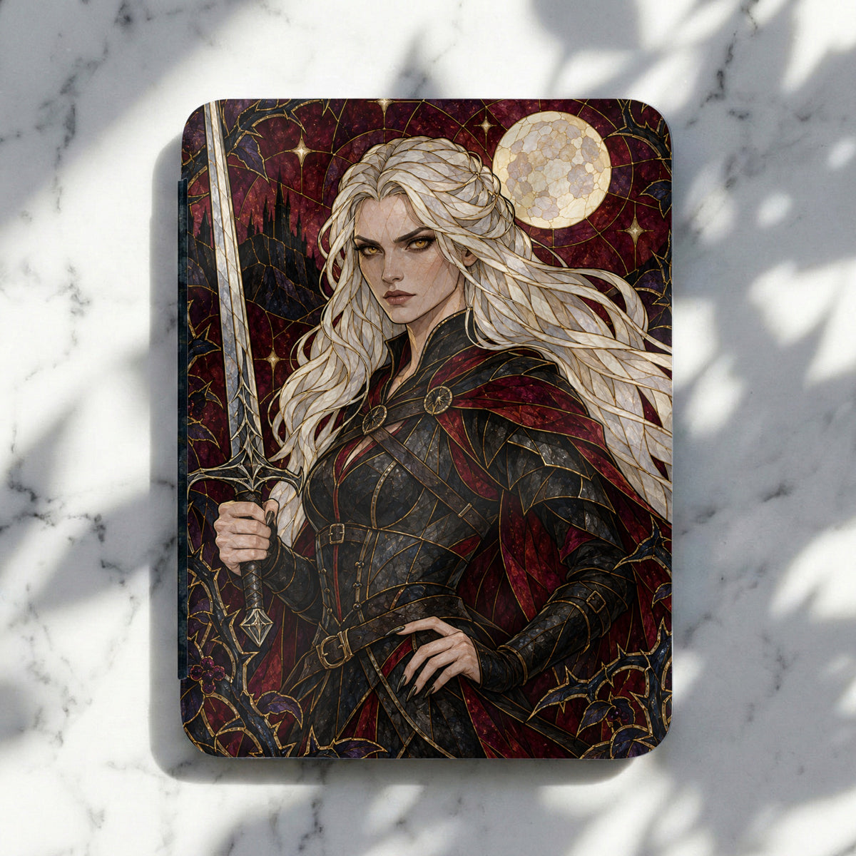 Fantasy woman with white hair and yellow eyes holding a sword, moon and castle in background.