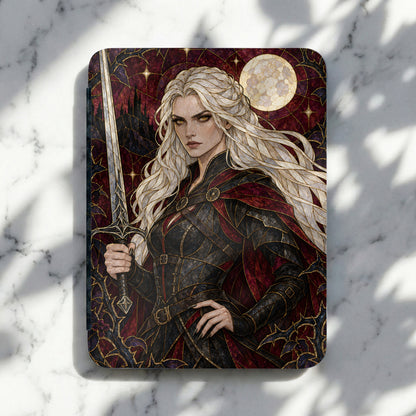 Fantasy woman with white hair and yellow eyes holding a sword, moon and castle in background.