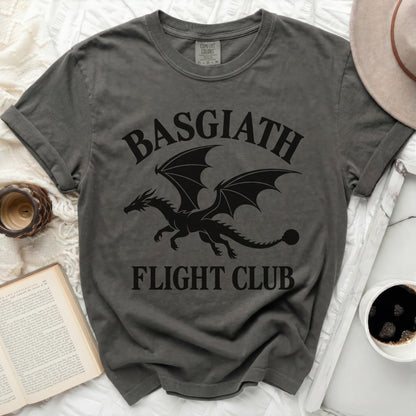 Dark grey t-shirt with black dragon graphic and "Basgiath Flight Club" text.