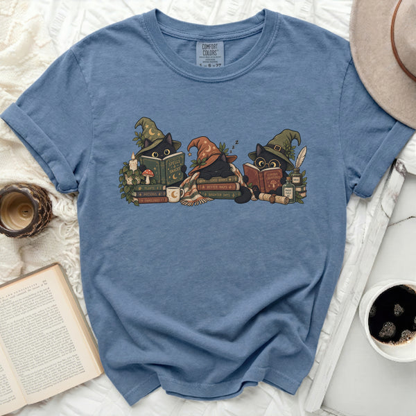 Cozy Witchy Cats Tee in Blue Jean
