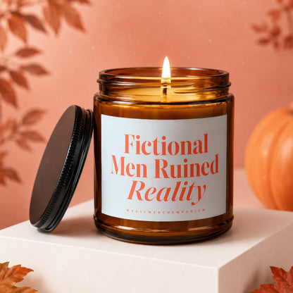 Amber jar candle with "Fictional Men Ruined Reality" and "MagicMerchEmporium" text.