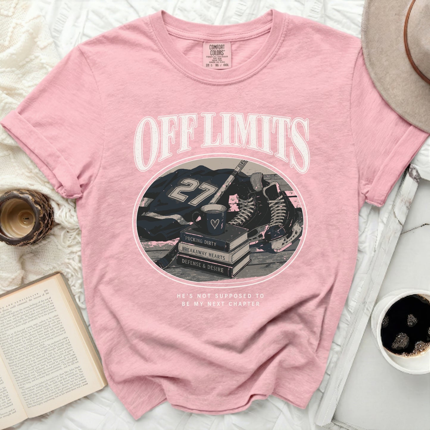 Pink t-shirt with "OFF LIMITS" and hockey graphics.