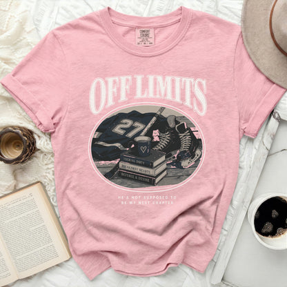 Pink t-shirt with "OFF LIMITS" and hockey graphics.