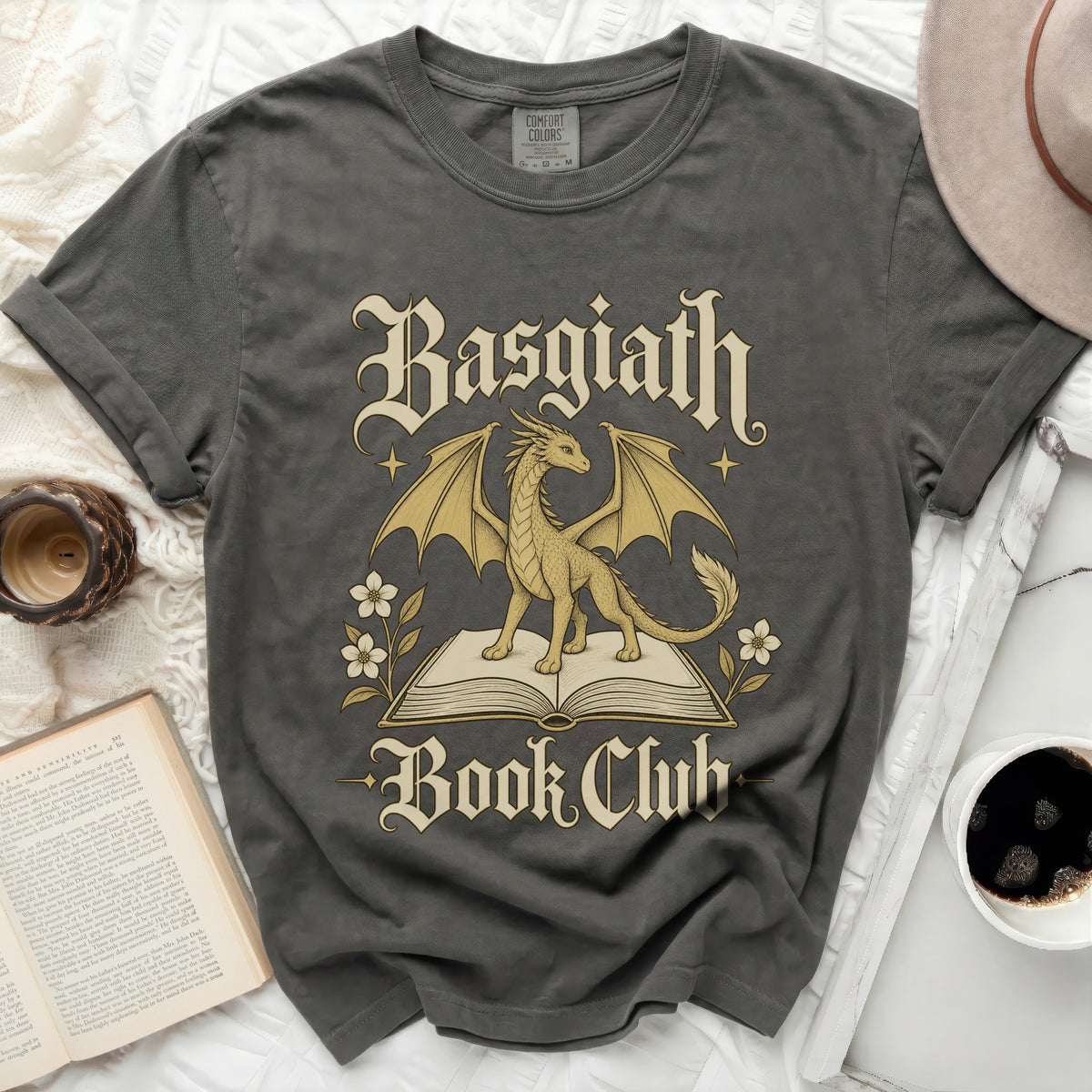 Dark grey t-shirt with gold text "Basgiath Book Club" and a dragon.