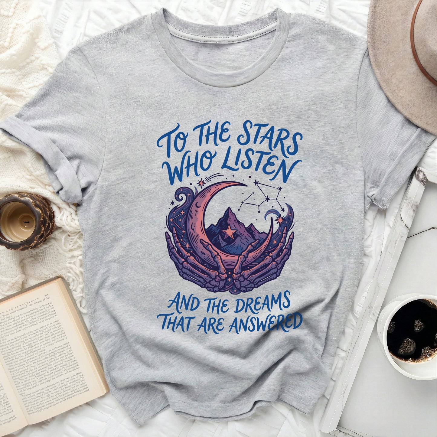 TO THE STARS WHO LISTEN AND THE DREAMS THAT ARE ANSWERED product type
Stars
Listen
Dreams
Answered
Moon
Crescent Moon
Skeleton Hands
Mountains
Constellation
Celestial
Mystical
Fantasy
Night Sky
Graphic Tee
T-shirt
Apparel
Inspirational
Unique Design
Aesthetic
Spiritual