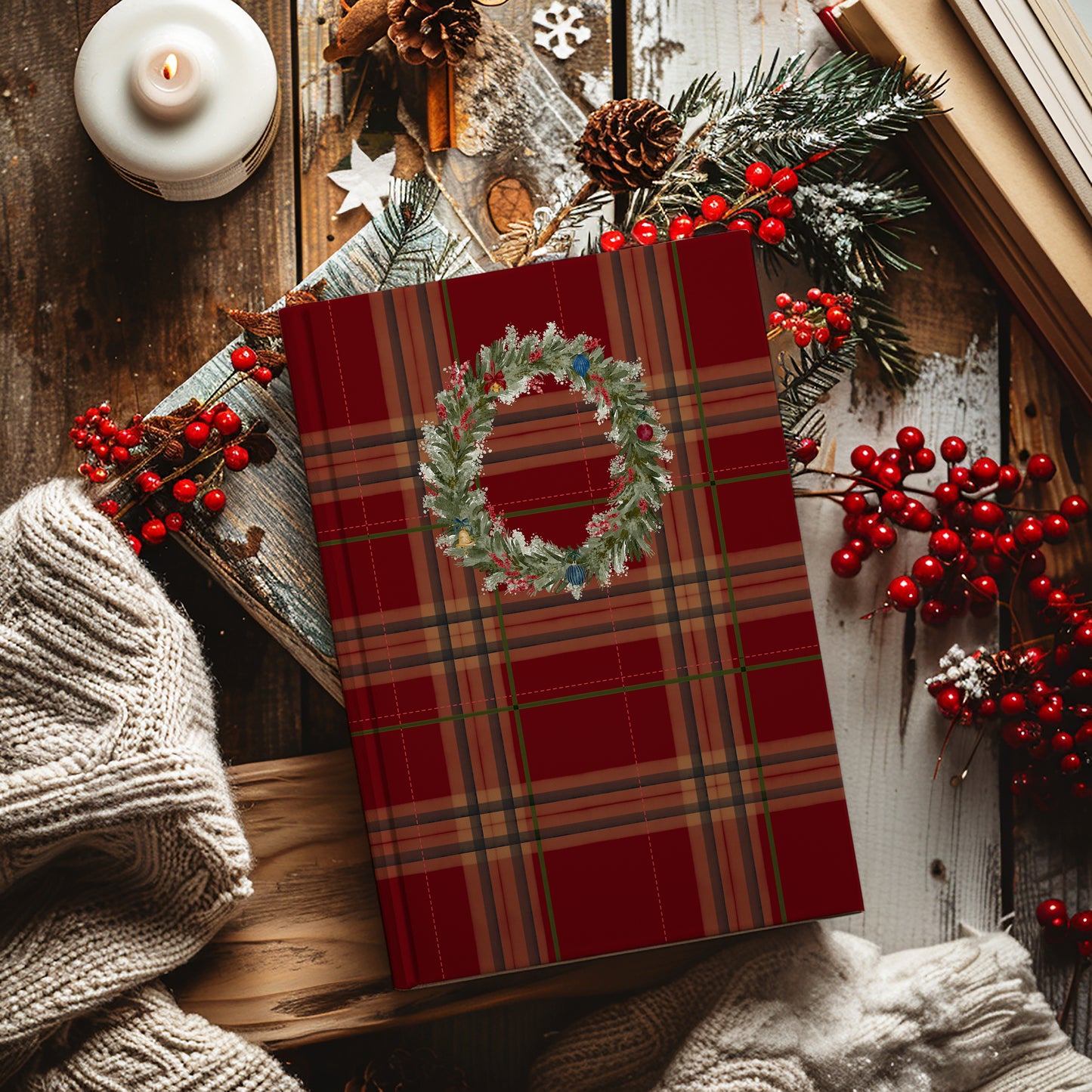 Red Plaid Christmas Wreath Journal Holiday Notebook