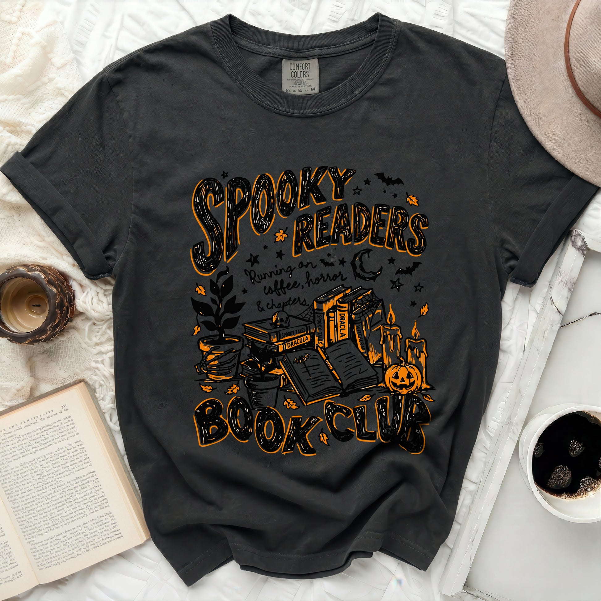 Dark t-shirt with "Spooky Readers Book Club" Halloween design.