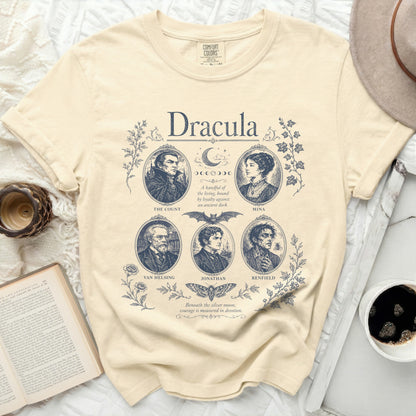 Dracula graphic tee featuring portraits of The Count, Mina, Van Helsing, Jonathan, and Renfield.
