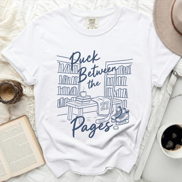 Puck Between the Pages Hockey Tee in White