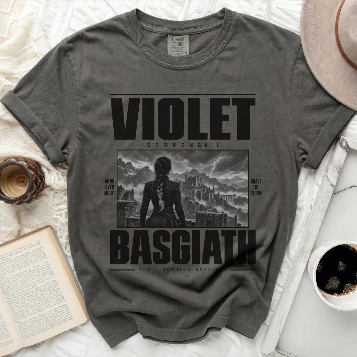 Grey Comfort Colors t-shirt with "VIOLET SORRENGAIL BASGIATH" graphic.