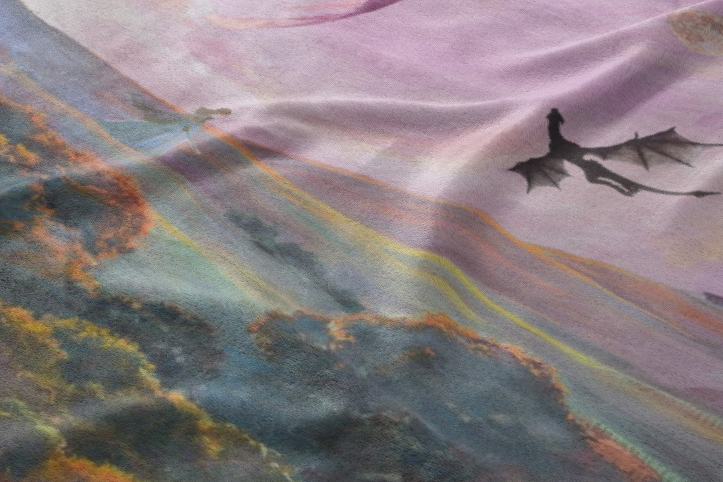 Dragons flying through a misty mountain landscape with colorful light beams.