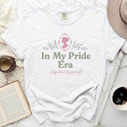 White t-shirt with "In My Pride Era" and "Stay kind to yourself" text.