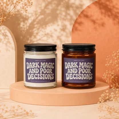 Two candles are displayed with "Dark Magic and Poor Decisions" labels.