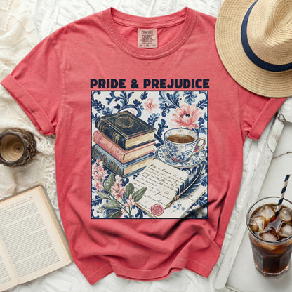Red t-shirt with "Pride & Prejudice" and a vintage illustration of books and tea.