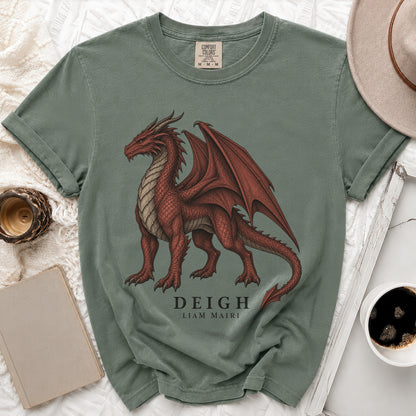 Green t-shirt with a red dragon graphic and "DEIGH LIAM MAIRI" text.