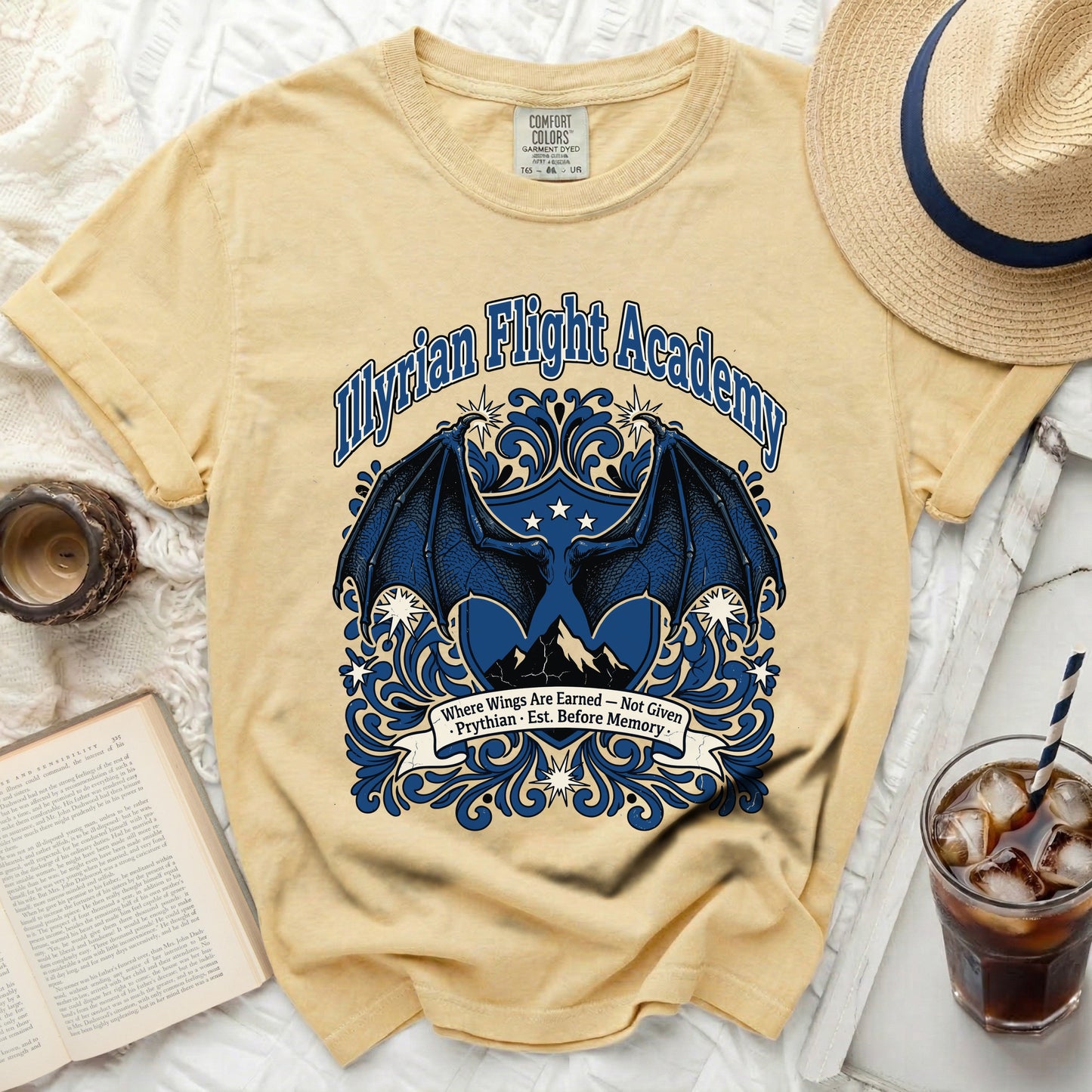 Yellow t-shirt with "Myirian Flight Academy" and winged crest design.