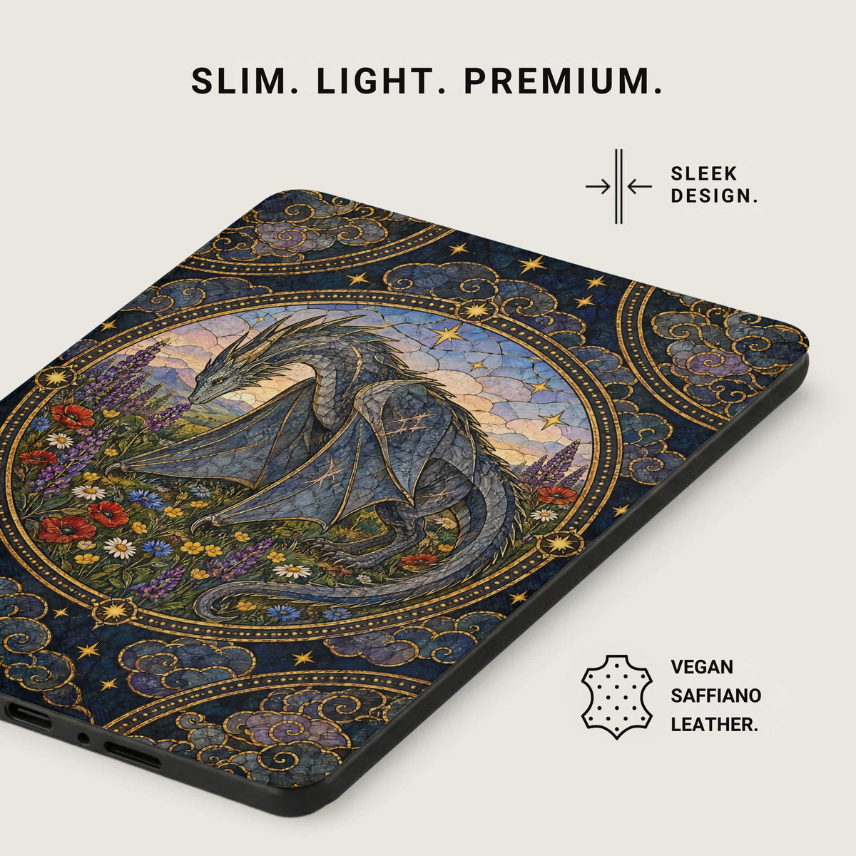 An angled view of a slim e-reader case featuring a blue fantasy dragon illustration amidst colorful flowers.