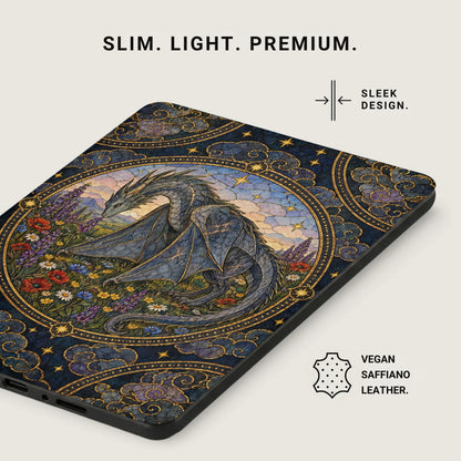 An angled view of a slim e-reader case featuring a blue fantasy dragon illustration amidst colorful flowers.