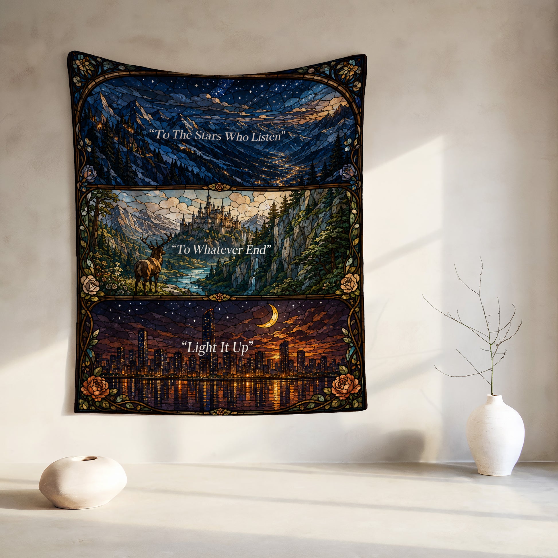 Tapestry with three stained-glass panels: starry mountains, castle, and city skyline.