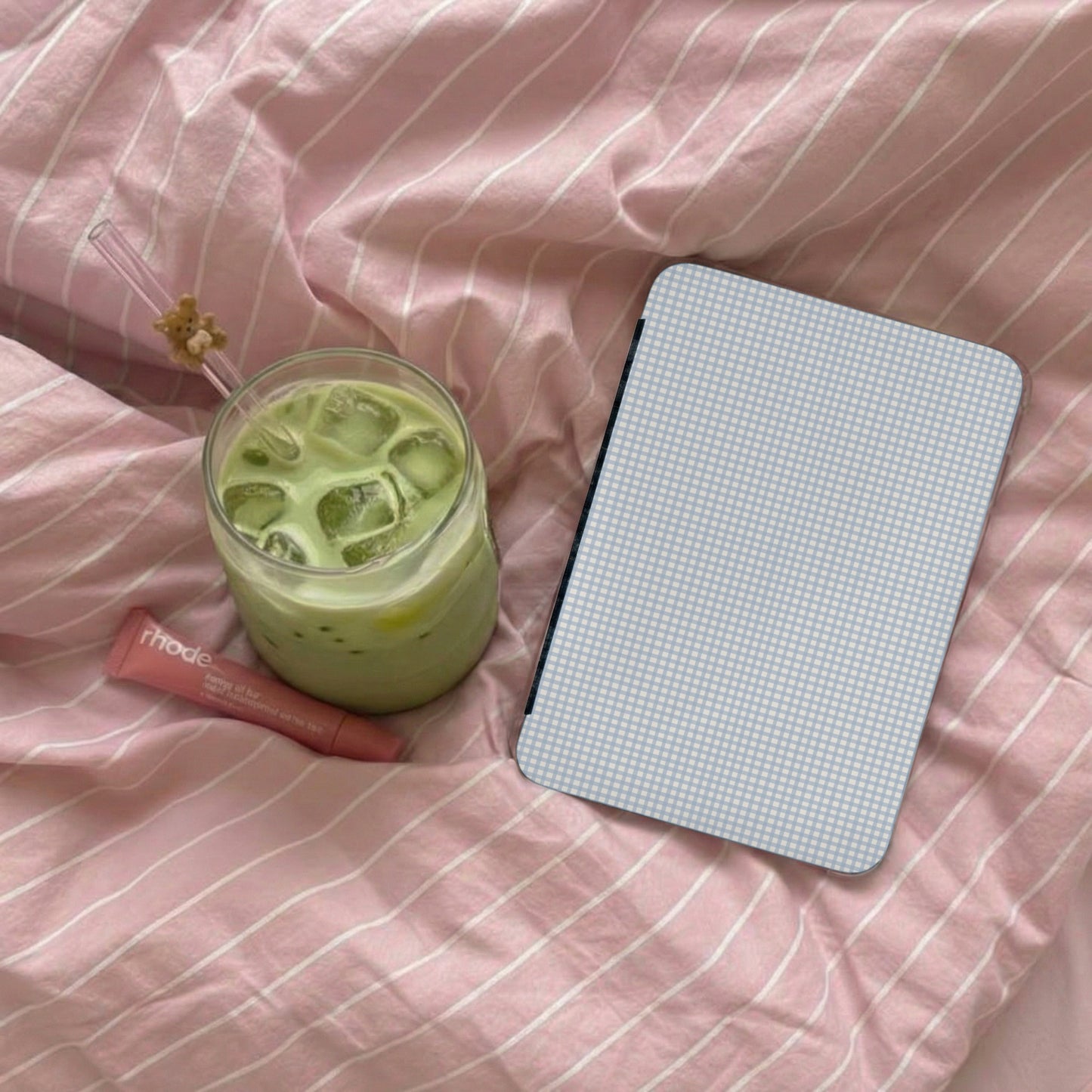 Pink Striped Bedspread with Drink and Tablet Cover Setup
