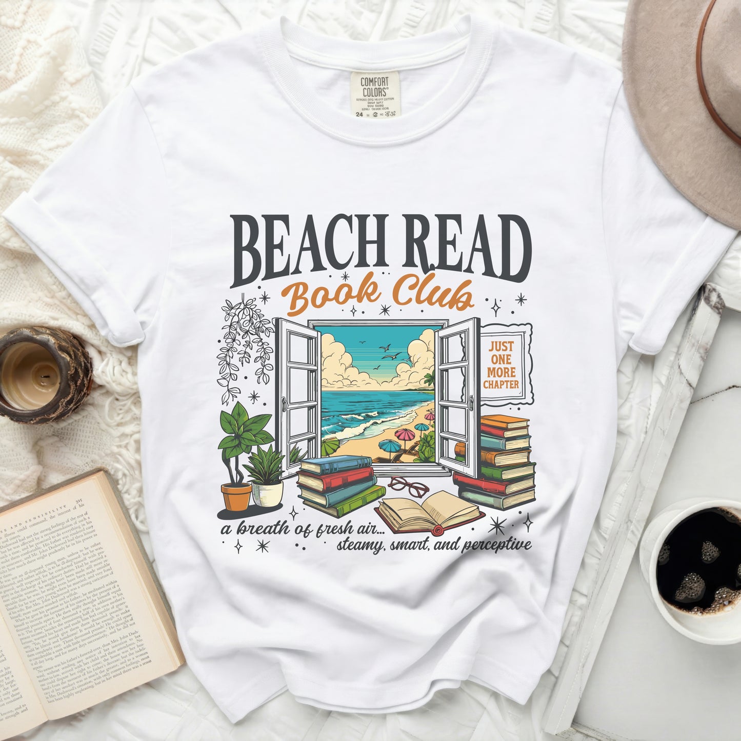 Beach Read Book Club graphic on a white Comfort Colors t-shirt.