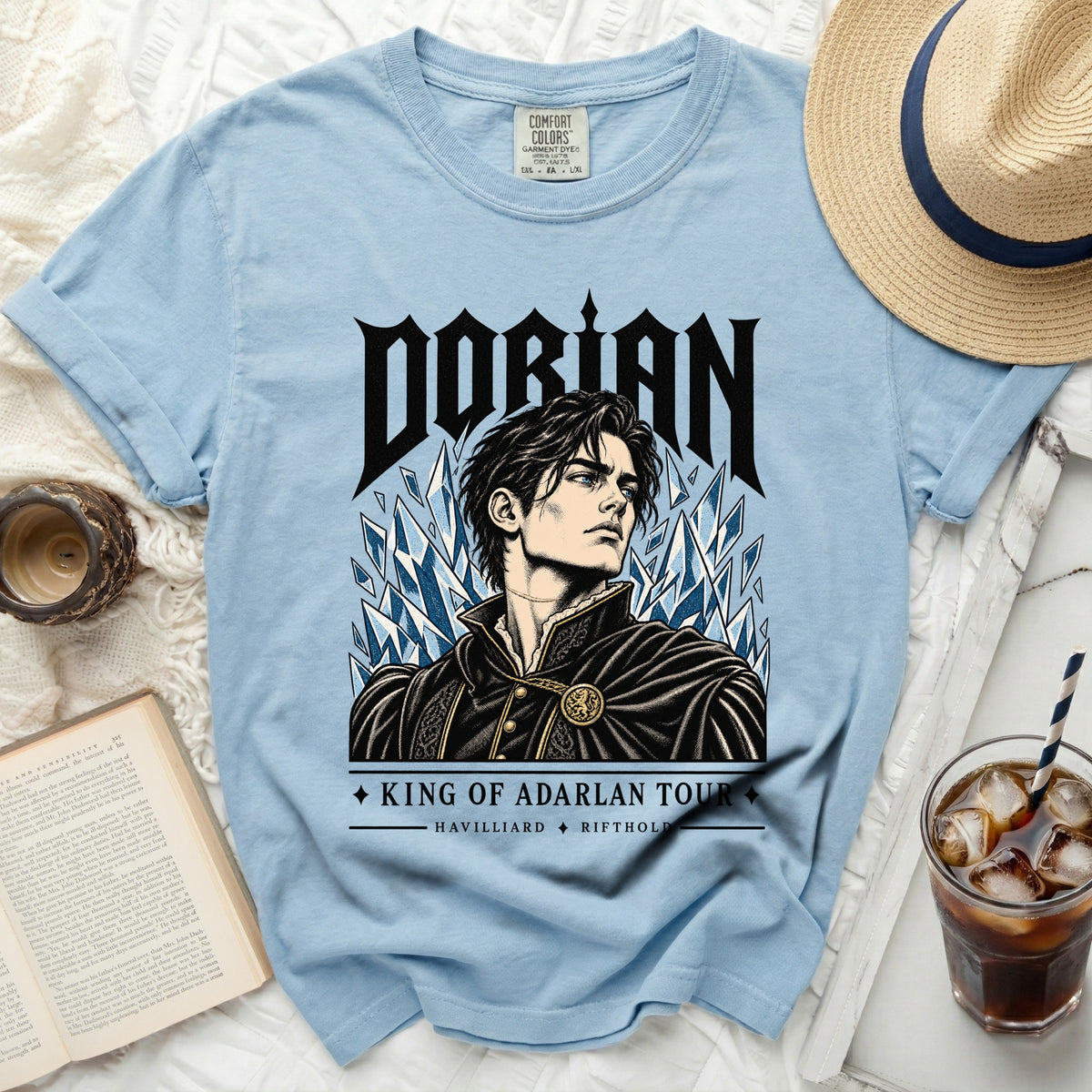 Light blue t-shirt with "Dorian King of Adarlan Tour" graphic and ice shards.