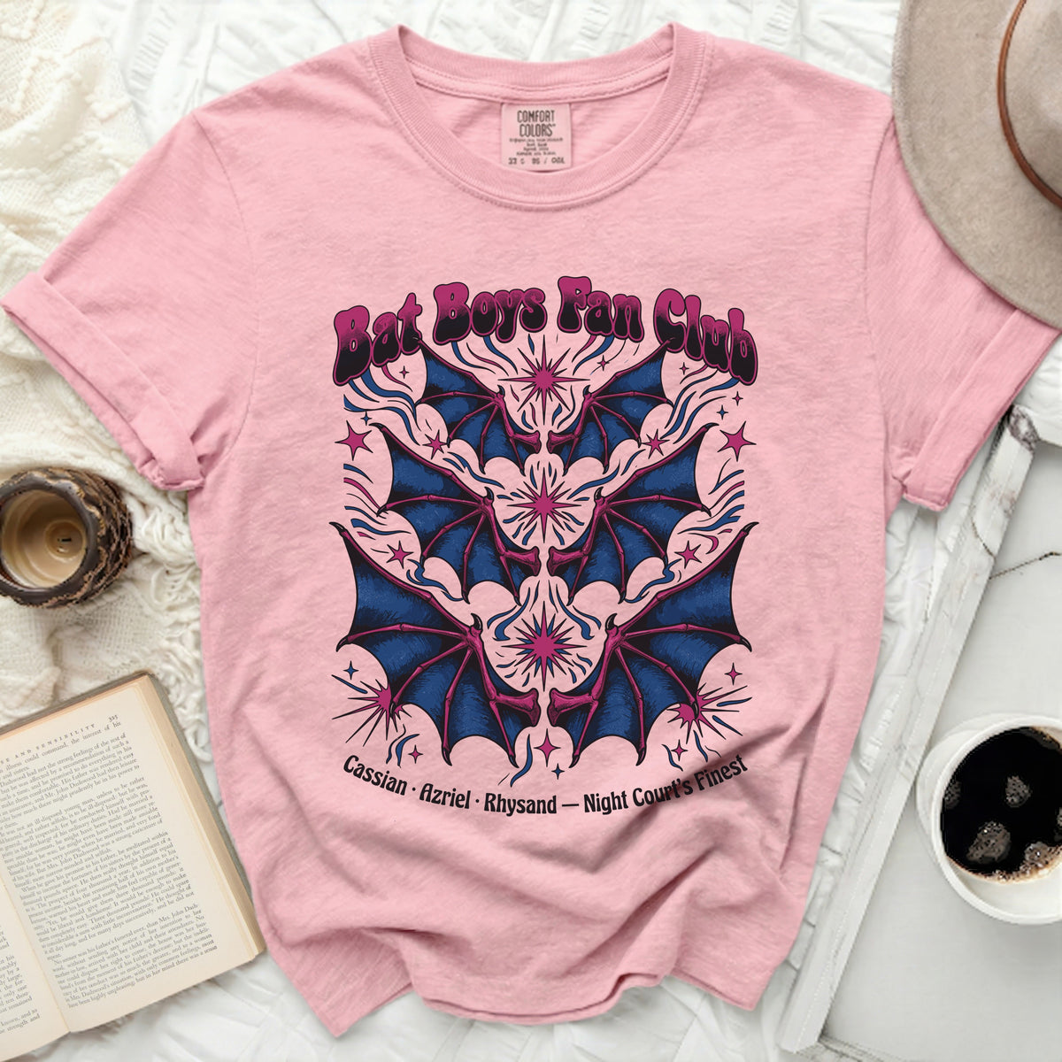 Pink t-shirt with "Bat Boys Fan Club" and bat wings graphic.