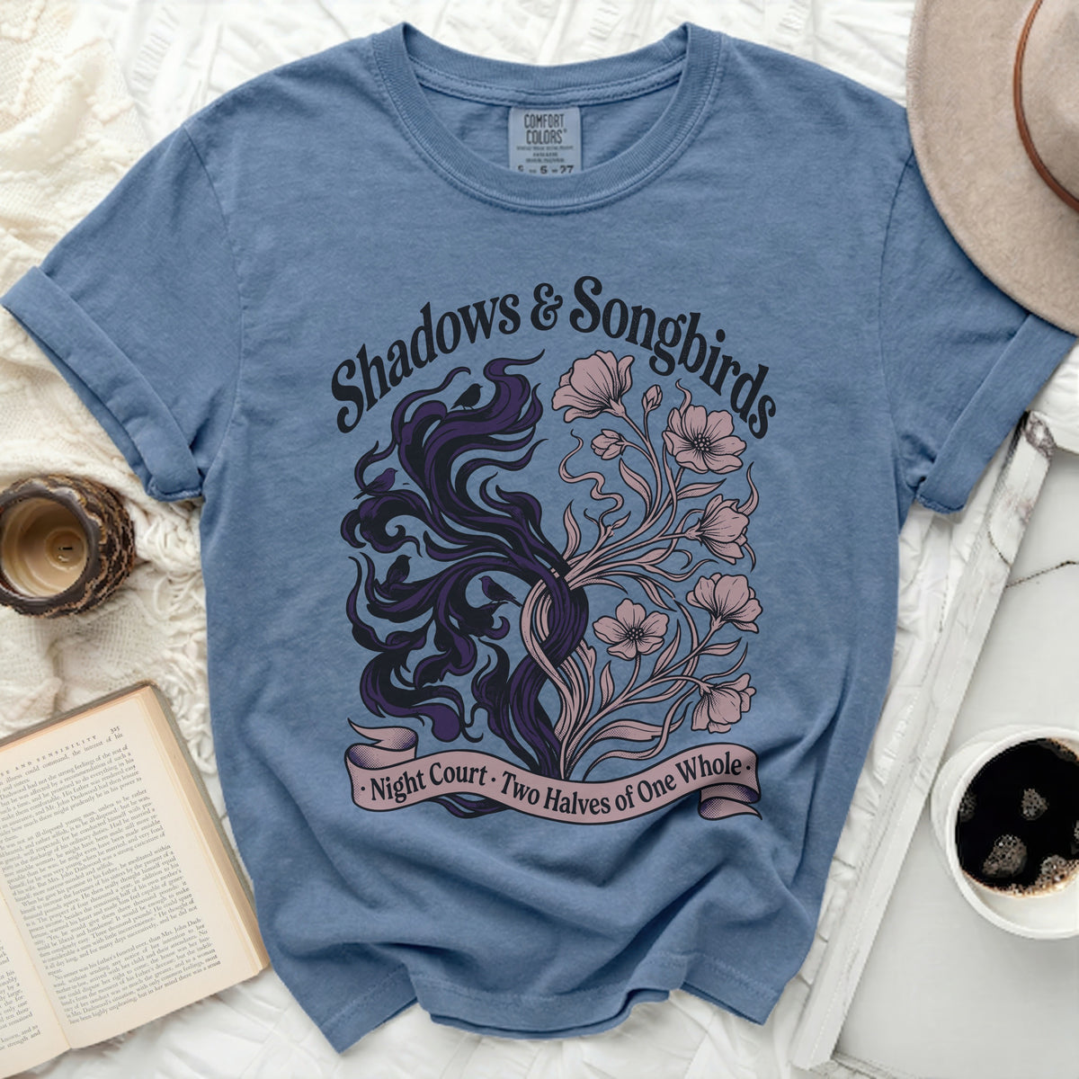 Blue t-shirt with "Shadows & Songbirds" and "Night Court · Two Halves of One Whole" graphic.