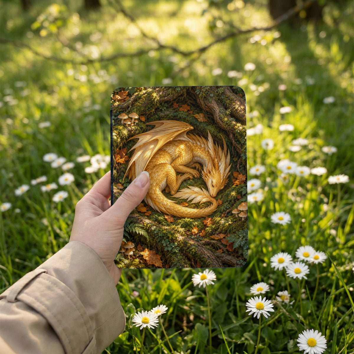 Golden dragon sleeping curled in a mossy forest, held by a hand.