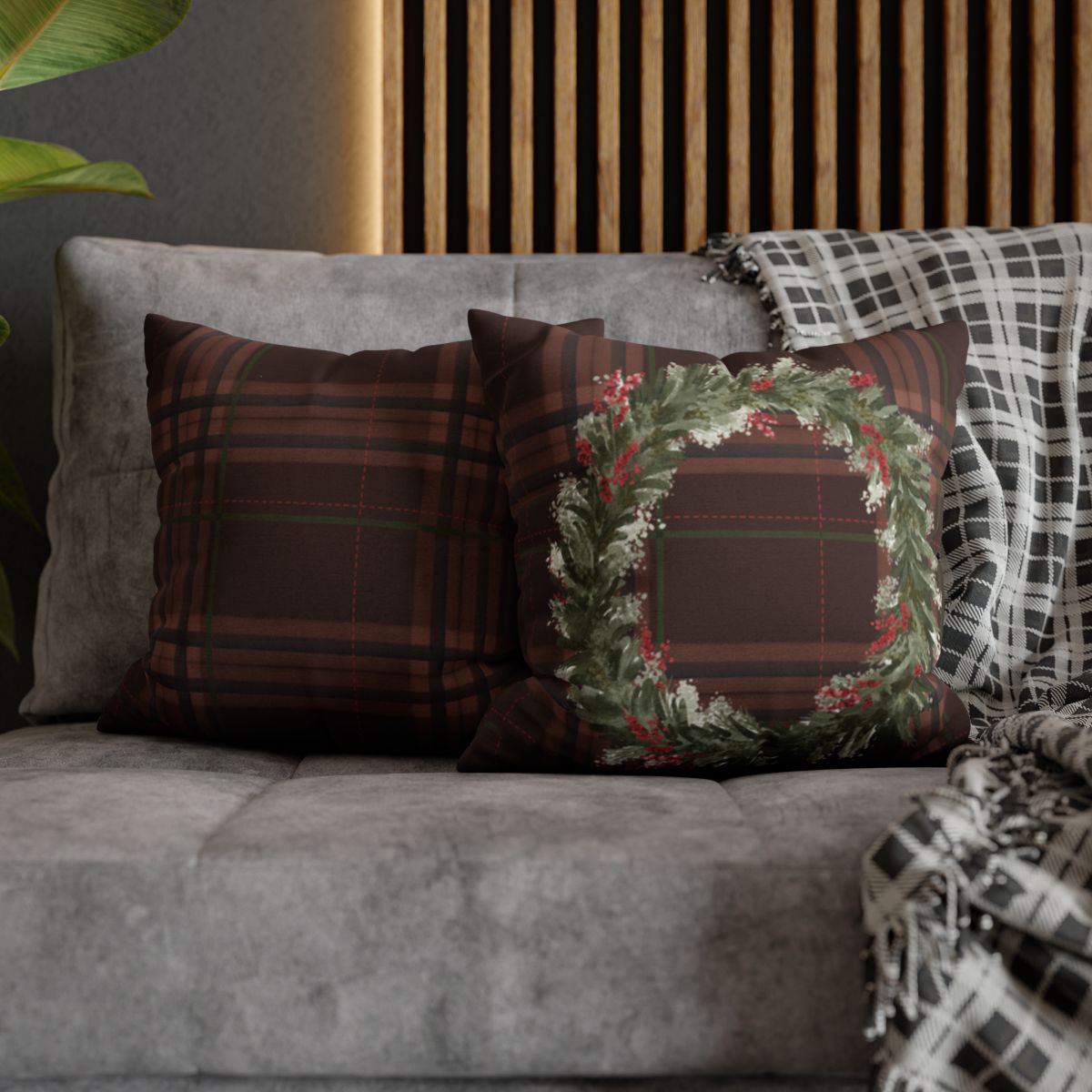 Festive Plaid and Wreath Design Decorative Pillow Product