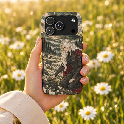 A hand holding a smartphone with a stained-glass fantasy illustration case featuring a female warrior.