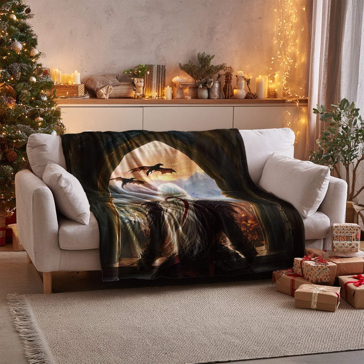 Cozy Fantasy Blanket with Dragon and Castle Design