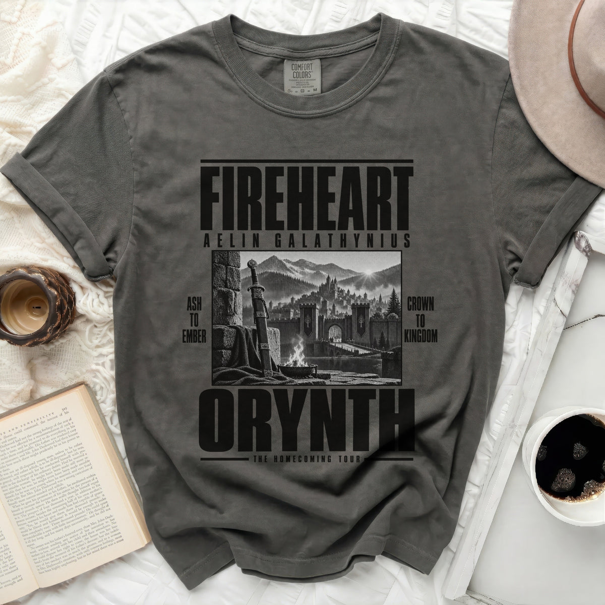 Dark grey t-shirt with "Fireheart Aelin Galathynius Orynth The Homecoming Tour" text.