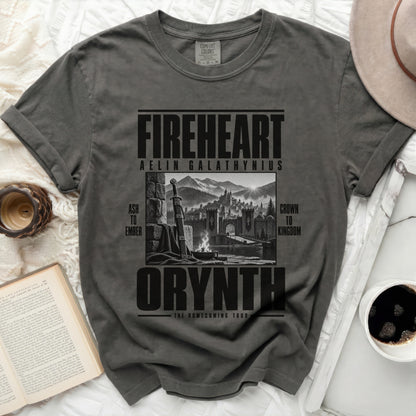 Dark grey t-shirt with "Fireheart Aelin Galathynius Orynth The Homecoming Tour" text.