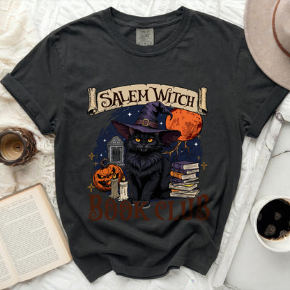 Black cat in witch hat with Salem Witch Book Club design.
