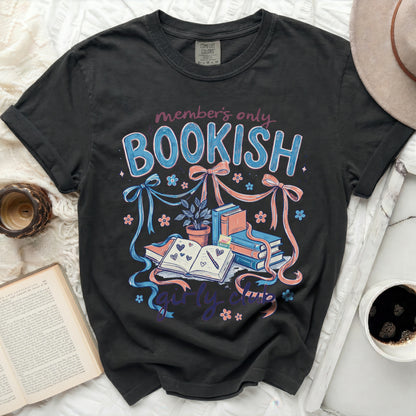 Black t-shirt with "Members Only Bookish Girly Club" text and book graphics.