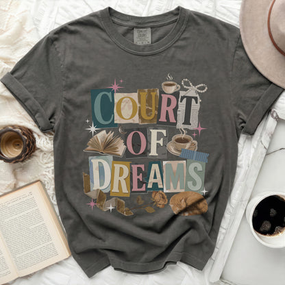 Gray t-shirt with "Court of Dreams" collage design, book, and cat.