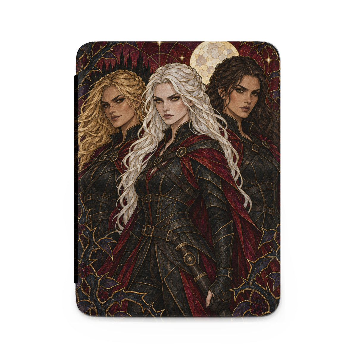 Three women in ornate armor stand before a moonlit castle and thorny vines.