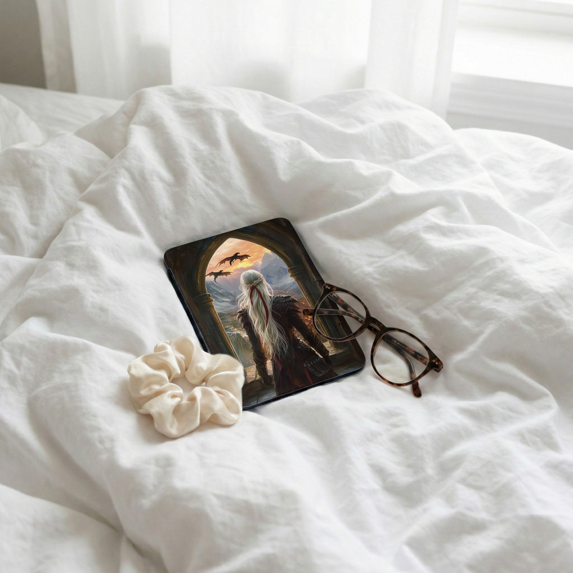 White Haired Figure Dragon Fantasy Art Mountains Arched View product type