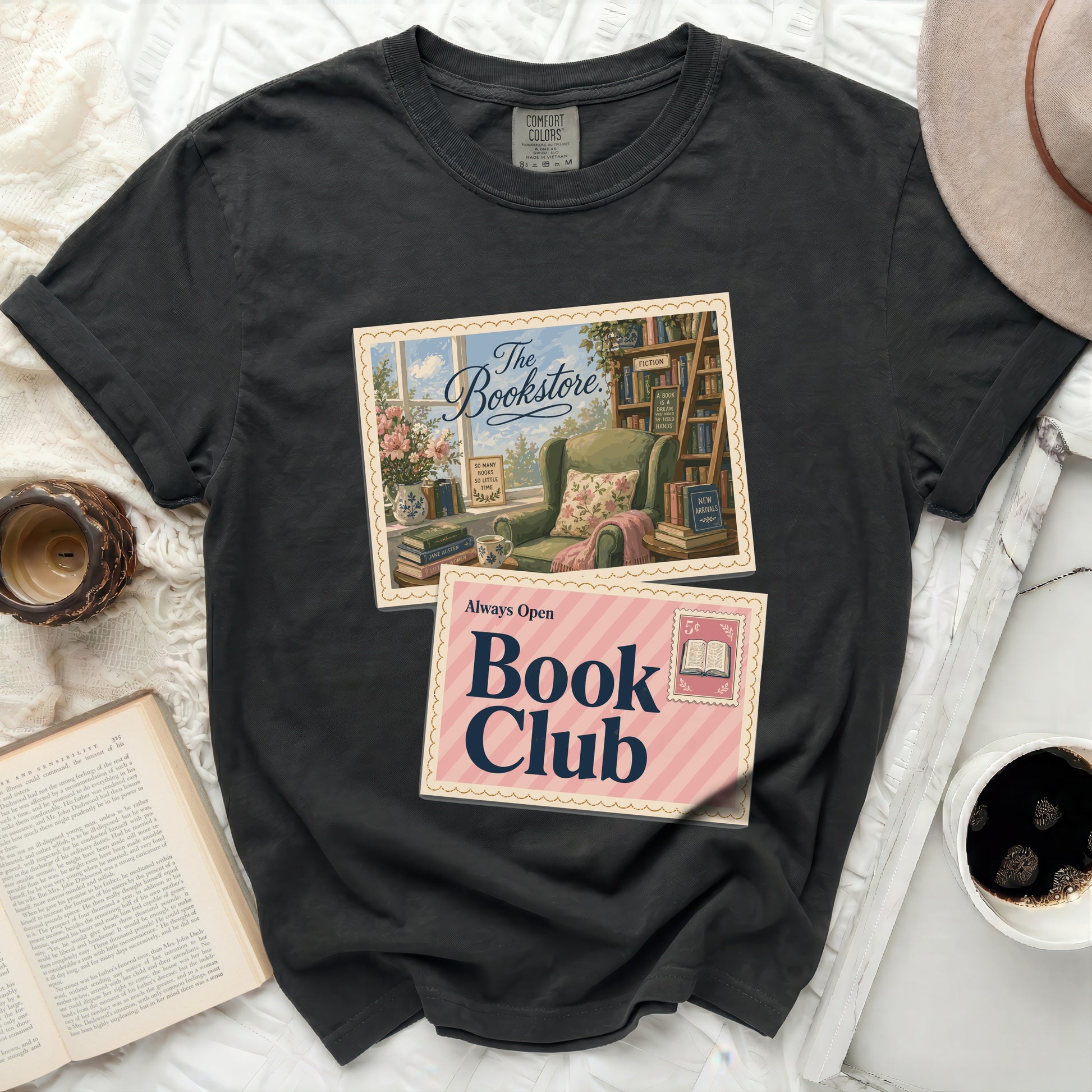 Black t-shirt with "Always Open Book Club" and bookstore illustration.
