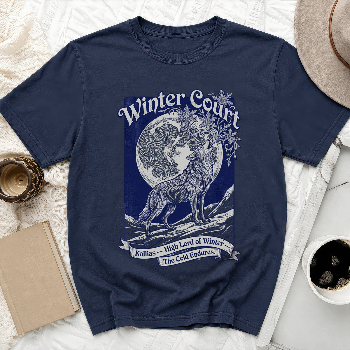 Navy t-shirt with "Winter Court" text, howling wolf, moon, and "The Cold Endures."