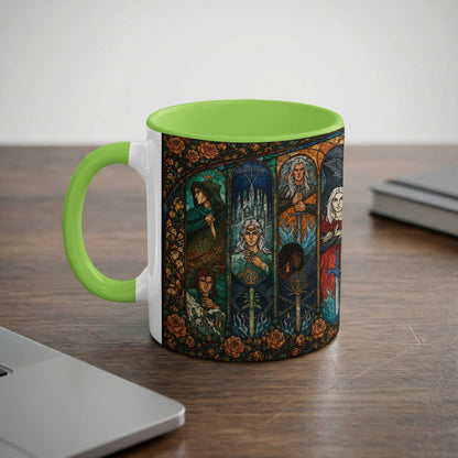 Mug with a stained-glass-style design of five figures and swords surrounded by roses.