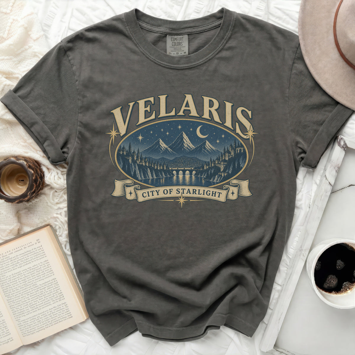 Comfort Colors gray t-shirt with VELARIS CITY OF STARLIGHT graphic.