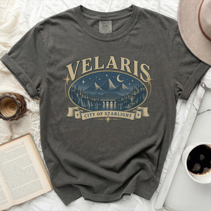 Comfort Colors gray t-shirt with VELARIS CITY OF STARLIGHT graphic.