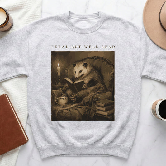 Opossum reading a book in armchair, text "Feral But Well Read" above.