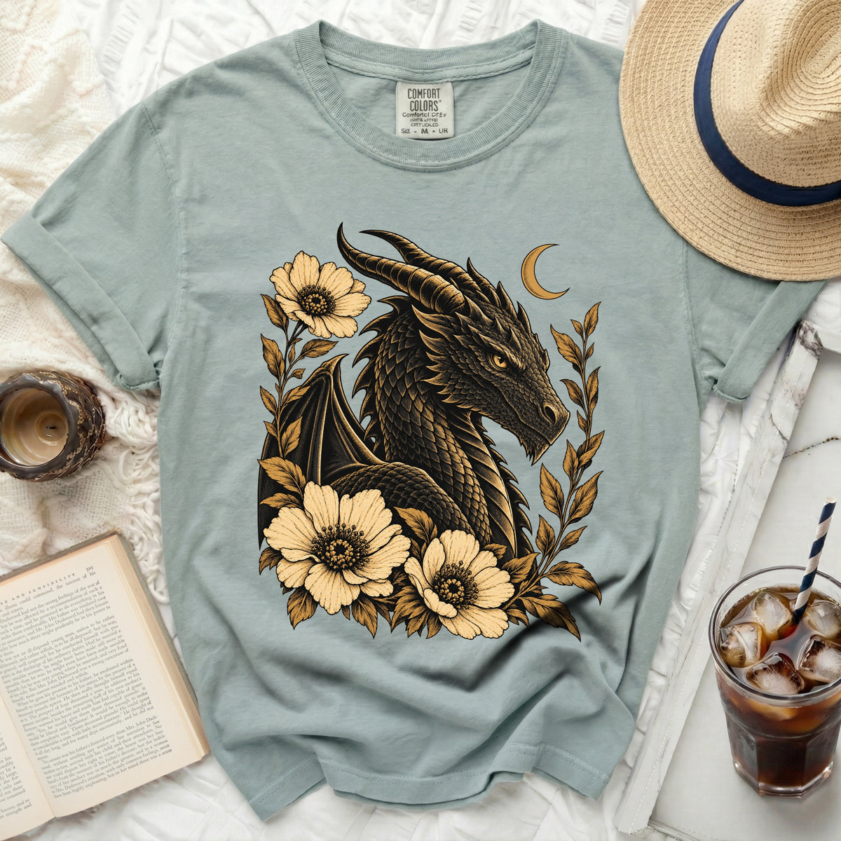 T-shirt with a detailed dragon and floral design, featuring a crescent moon.