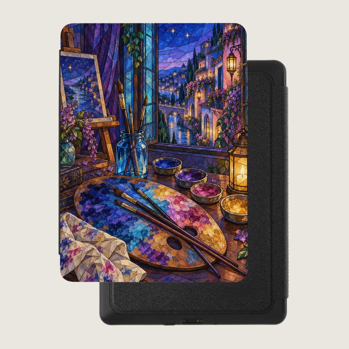 Artistic painting of a scenic village and river viewed through a stained-glass window.