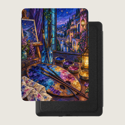 Artistic painting of a scenic village and river viewed through a stained-glass window.