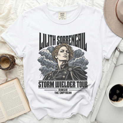 White t-shirt with graphic "Lilith Sorrengail Storm Wielder Tour" and a woman.