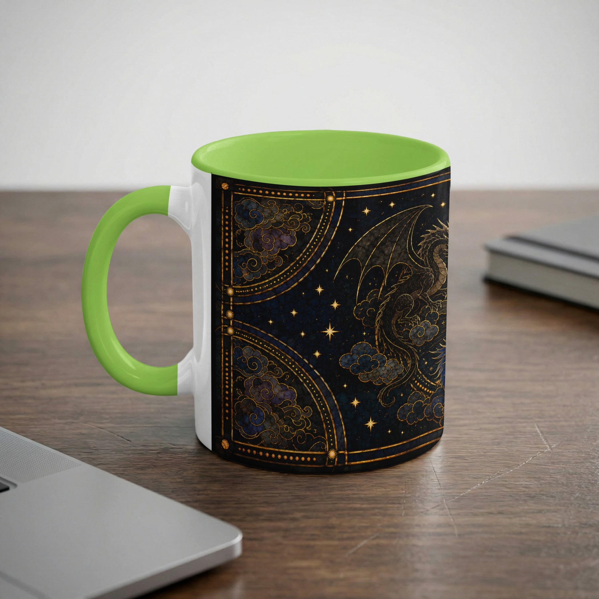 White and green mug with a golden dragon and starry night design.